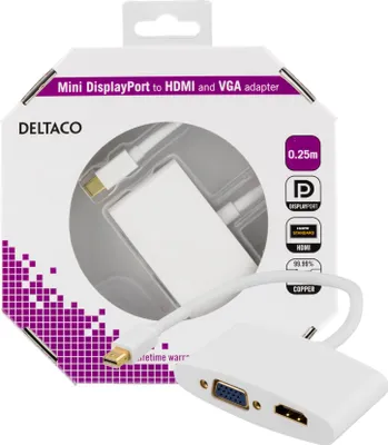 Produktbild von Deltaco DP-HDMIVGA1-K, 0,25 m, Mini DisplayPort, HDMI + VGA (D-Sub), Stecker, Buchse, 1920 x 1080 Pixel