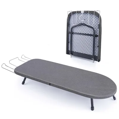 A tabletop ironing board is shown unfolded and a smaller, folded ironing board is shown in the background.