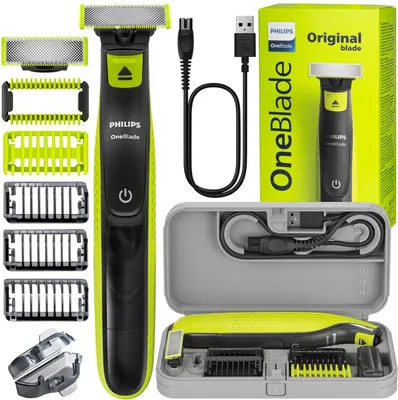 A collection of Philips OneBlade grooming products and accessories arranged on a white background.