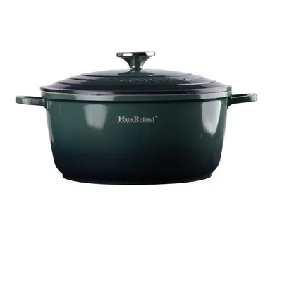 A dark green Dutch oven with a silver knob on the lid, shown from a slightly elevated front-side angle against a white background.