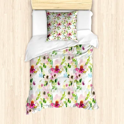 Produktbild von ABAKUHAUS Blumen Mantele, Frühlings-Blumen-Pastell, Milbensicher Allergiker geeignet mit Kissenbezügen, 135 cm x 200 cm - 80 x 80 cm, Rosa, Lila, Grün