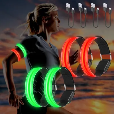Produktbild von Molbory LED Armband USB, 4 Stück LED Reflective Band leuchtarmband laufarmband Lichtband Kinder leuchtbänder Reflektorband Licht für Joggen Laufen Running Sports – Grün+Rot, Größe 4er