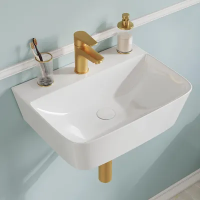 Produktbild von Wand/Aufsatzwaschbecken Keramik Weiß Kleines Rechteckiges Gäste-WC Handwaschbecken Ohne Überlauf, Platzsparend, Dünner Rand & Ablagefläche für Bad