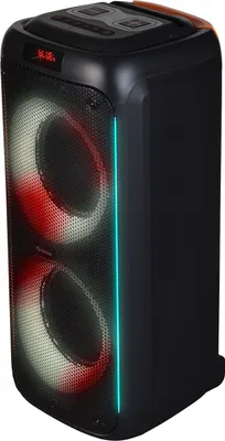 A black portable Bluetooth speaker with colorful LED lights.