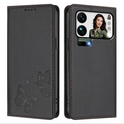Produktbild von Lederhülle für Xiaomi 17 Pro Max, Schmetterling Prägung Leder Brieftasche Schutzhülle mit Ständer Schwarz