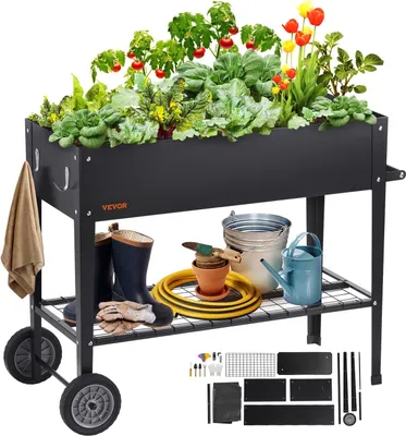 Produktbild von Pflanzentopf - Pflanzenteller - Höher auf Beinen - Rädern - Verschiebbar - Vollständiges Set - Pflanzentopf für Draußen - 108x49,5x80cm - Schwarz - Garten - Außen - Set