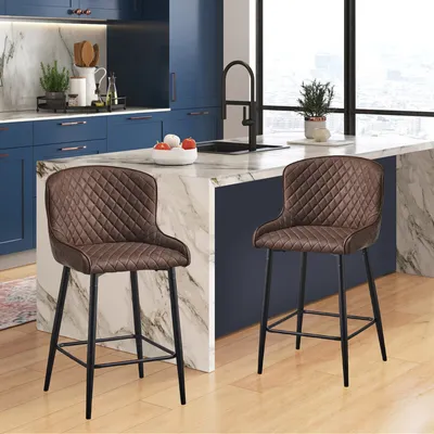 Image de Tabouret de bar CLIPOP en similicuir, 2 pièces, rembourré, avec dossier et accoudoirs ergonomiques,Marron