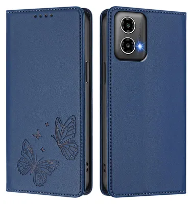 Produktbild von Lederhülle für Motorola Moto G34 / Moto G45, Schmetterling Prägung Leder Brieftasche Schutzhülle mit Ständer Dunkelblau