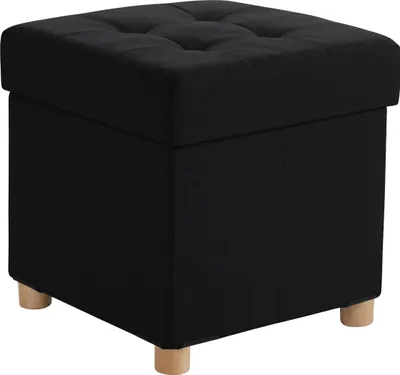 Immagine prodotto di Pouf Relaxdays con vano portaoggetti, imbottito, A x L x P: 38 x 38 x 38 cm, effetto lino, gambe in legno, pouf squadrato, nero