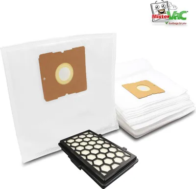 A product shot of vacuum cleaner bags and a filter, with a logo in the top right corner.