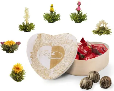 Produktbild von Creano Erblühtee Teeblumen in Holzschachtel in Herzform 6 Sorten aus weißer Tee, Geschenk für Frauen, Mutter, Teeliebhaber