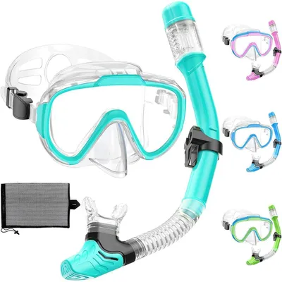Productafbeelding van Duikset voor kinderen, inclusief snorkelmasker met droge snorkeltechnologie, anti-condensbescherming en neusbescherming, in de kleur groen