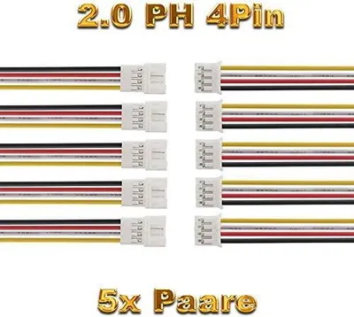 Image de 5 paires de connecteurs Micro JST PH 2.0 4 broches avec 10 cm de câble - Kit de connexion mâle/femelle pour batteries LiPo, électronique, PC & projets de bricolage