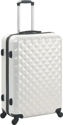 A white, hard-shell trolley suitcase with a diamond-patterned surface and a retractable handle.