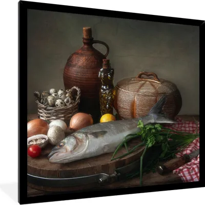 Produktbild von MuchoWow® Gerahmtes Poster Rustikal - Fisch - Stilleben - Gemüse - Kräuter 40x40 cm - Poster mit Schwarzem Bilderrahmen Wandposter Rahmen Foto Bilder - Mit Rahmen - Wanddekoration Schlafzimmer