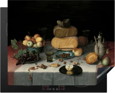 Produktbild von KitchenYeah© Herdabdeckplatte Stilleben mit Käse - Kunstwerk - Alte Meister , 65x52cm, Küche Deko, Glaskeramikkochfeld Herdabdeckung, Abdeckplatte fùr Kochfeld
