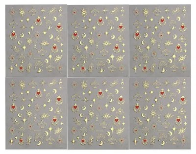Produktbild von Nagelkunst-3D-Stereoskopie-Sticker in heißem Gold mit Sonne, Mond und Sternen, selbstklebend, mit Rückseite.