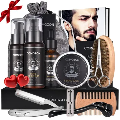 Produktbild von 12-in-1 Bartpflege Set mit Bartroller, Bartshampoo, Bartöl, Bartbalsam, Rasiermesser, Bartbürste, Bartkamm, Bartschere