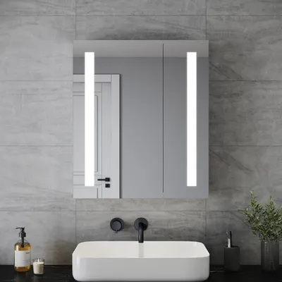 Image de SONNI salle de bain armoire de toilette 60x70x13cm 2 portes avec éclairage argent inox