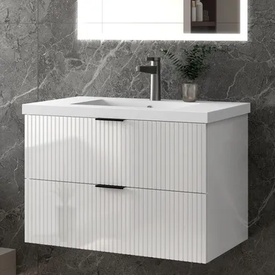 Produktbild von Badezimmerschrank Mineralguss Waschtisch mit Unterschrank Badmöbel Set mit Soft-Close Hochglanzweiß 100x44.5x52cm
