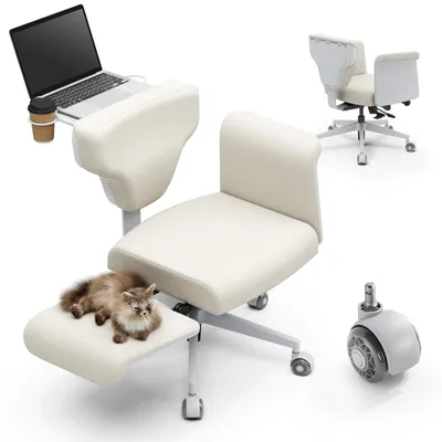 A cream-colored ergonomic office chair with a laptop and coffee cup on an attached tray, and a cat resting on the knee support.