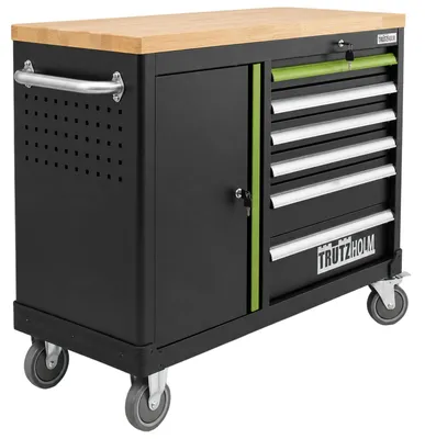 Produktbild von Werkstattwagen leer mit Holzplatte 6 Schubladen & Tür, abschließbarer Werkzeugwagen schwarz/grün