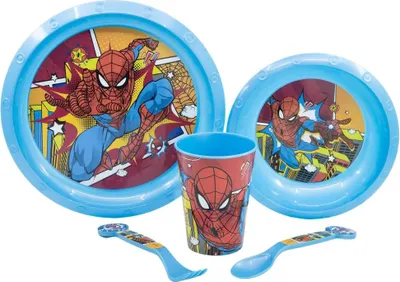 Produktbild von Marvel Spiderman Kinder Geschirr-Set 5 teilig Becher Teller Schüssel Besteck