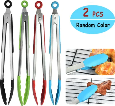 Image de 2 pcs 12 pouces Pince de service Acier chrom ? Avec pinces en silicone r?sistant ? la chaleur et poigne?es soft-grip Avec fermeture