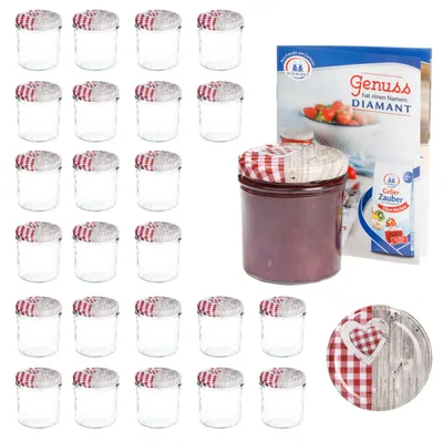 Produktbild von 25er Set Sturzglas 350 ml To 82 Deckel Holz-Herz rot incl. Diamant Gelierzauber Rezeptheft