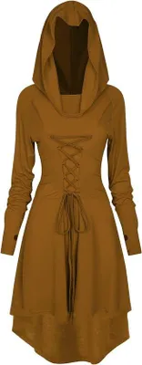 Produktbild von Famanu Damen Gothic Kleid mit Kapuze - Mittelalterliche Eleganz für Halloween und Karneval