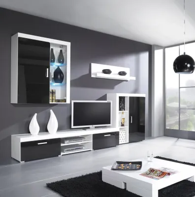 Produktbild von Wohnwand Schrankwand 4 tlg. YORK Schwarz-Weiss HGL mit LED-Beleuchtung