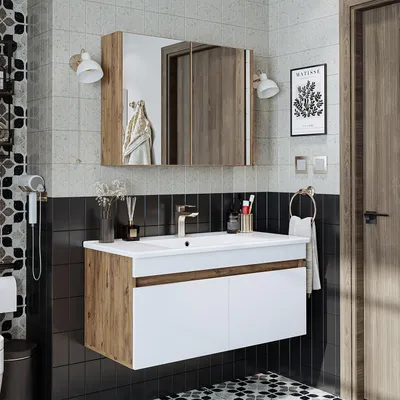 Produktbild von Roomart ATRIA-100 Badmöbel-Set 3-teilig 100 cm breit, Weiß-Eiche