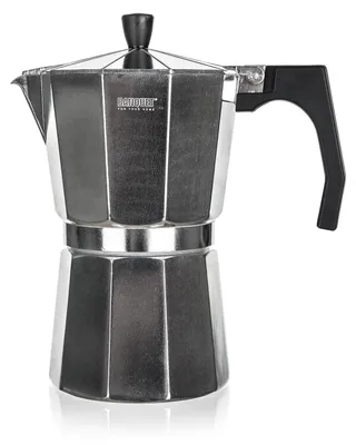 A silver moka pot with a black handle and lid knob, set against a white background.