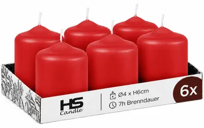 Produktbild von HS Candle Stumpenkerzen Rot Ø4xH6 cm 6er-Pack, unparfümierte Blockkerzen, Wachskerzen ca. 7h Brenndauer, für Weihnachten & romantische Abende