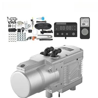 Obrázek produktu pro Kapalinový předehřívač na diesel, 12V, pro obytné vozy, nákladní automobily, dodávky, lodě a automobily. Obsahuje LCD displej, dálkové ovládání (dvě strany) a slouží k předehřívání chladicí kapaliny