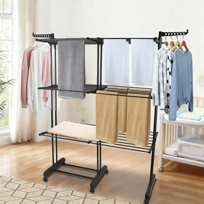 Produktbild von 4 Ebenen Wäscheständer Turm Ausziehbar Länge 75-132cm,Platzsparender Turmwäscheständer mit Rollen,Standtrockner Wäscheturm Groß,für Innen & Außen