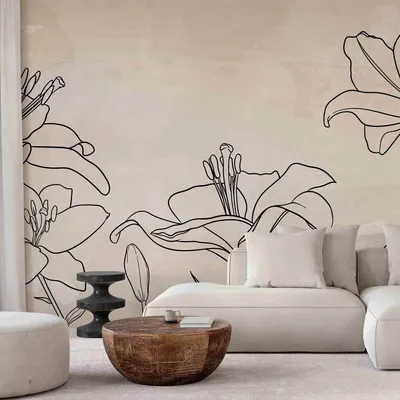 Produktbild von Vlies Fototapete - Sketch of nature - minimalist lineart with lily flowers on a beige background 250x175 cm Blätter b-A-10131-a-a