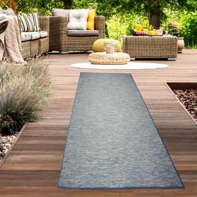 Image de Tapis d'intérieur et d'extérieur chiné façon sisal réversible en bleu Taille - 67 x 180 cm