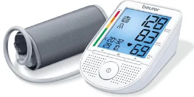 A Beurer blood pressure monitor and its cuff are displayed against a white background.