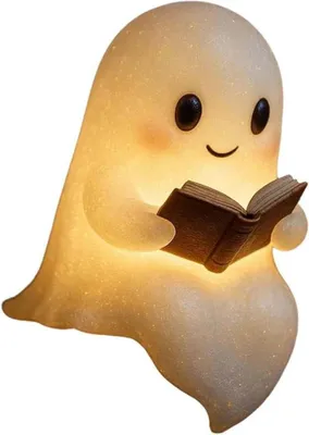 A cute, illuminated ghost figure holding an open book.