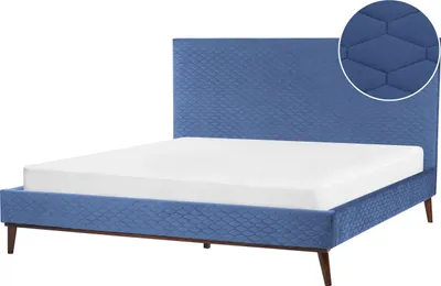 Produktbild von BELIANI Bett Blau Samt mit Lattenrost 180 x 200 cm Gestepptes Hohes Kopfteil Schlanke Holzbeine Glamourös Polsterbett Doppelbett Samtbett Ehebett