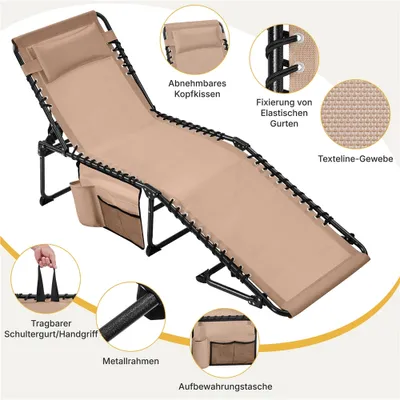 Produktbild von Yaheetech Gartenliege klappbare Sonnenliege mit Kissen & Seitentasche, Feldbett Liegestuhl 189 cm L, Beige