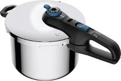 A stainless steel pressure cooker with a black handle and blue accents.