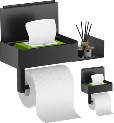 Produktbild von Toilettenpapierhalter Ohne Bohren, Toilettenpapierhalter mit Feuchttücherbox Klopapierhalter Ohne Bohren mit Ablage, Edelstahl Anti-Fingerabdruck Klorollenhalter für Badezimmer Matt Schwarz