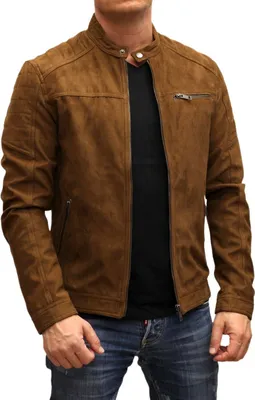 Produktbild von Jack & Jones Herre WildKunstleder Bikerjacke figurbetont Slim-Fit cognac braun, 218-Rocky-Cognac Fake Suede-M