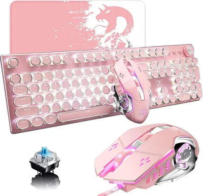 Produktbild von USB-Tastatur mit Kabel, mechanisch, blauer Schalter, Retro, Steampunk, Vintage, Schreibmaschinen-Stil, weiße LED-Hintergrundbeleuchtung, 104 Tasten