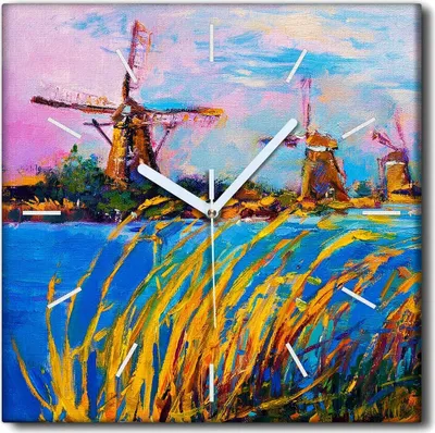 Produktbild von Coloray Uhr auf Leinwand 30x30 cm Wand Uhr Dekoration Wohnzimmer Segeltuch weiße Zeiger -Mühle Landschaft Natur.