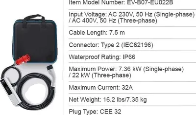 Zdjęcie produktu dla Przenośna ładowarka do pojazdów elektrycznych, uniwersalna kompatybilność, ulepszone funkcje bezpieczeństwa, 32A MAX-22kW CEE32