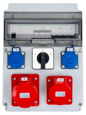 Produktbild von LUMILED Baustromverteiler mit L-O-P Schalter 32A, LS+FI, 1x CEE 32A 5-polig, 1x CEE 16A 5-polig, 2x Schuko 230V, Wandverteiler IP65 mit IP44 Steckdosen für Baustelle und Werkstatt
