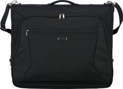 A black garment bag is shown against a white background.